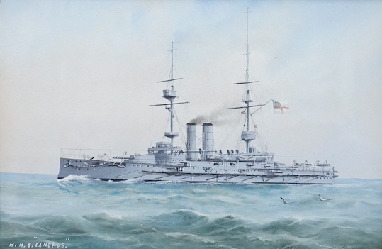 20th century naval interest, gouache, ‘HMS Canopus’, unsigned, 14 x 20cm. Condition - good